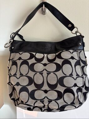 Coach Black and Cream Signature Canvas Shoulder Bag